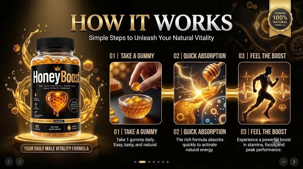 How HoneyBoost works: take a gummy, quick absorption, feel the boost